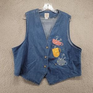 Vintage Valories folk art applique vest womens XXL 3 buttons tea‎ cups blue jean